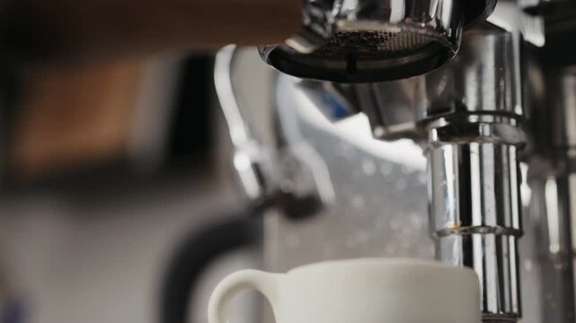 Slow motion low angle shot of espresso extraction from naked portafilter into white cup
