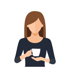 A faceless woman holding a white coffee cup, depicted in a minimalist style.