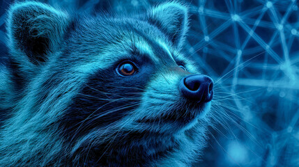 Stunning digital art of a raccoon head with intricate blue neural network background symbolizing technology and wildlife connection in a futuristic style