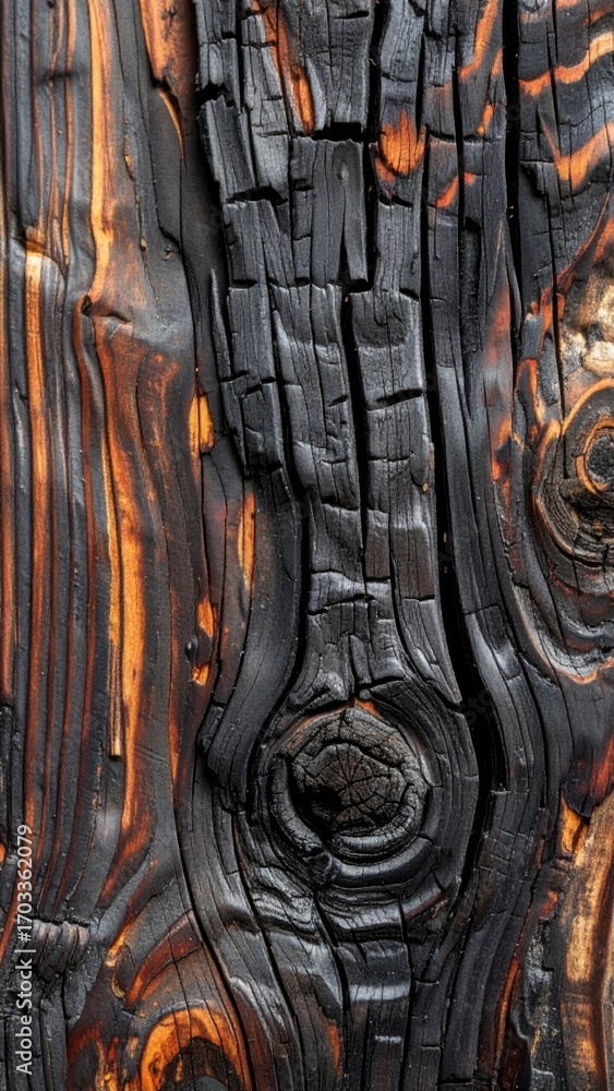 Poster macro image of abstract black and brown burnt wood texture for backgrounds and design projects