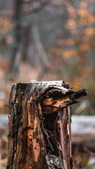 Obraz premium Close Up Shot of Weathered Tree Stump with Decayed Wood Textures and Blurred Background