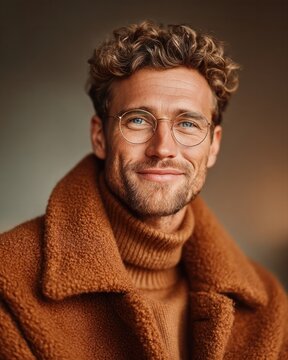 Fashionable young man in cozy outfit indoor setting portrait photography warm atmosphere close-up personal style
