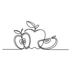 One continuous line Art drawing sliced and whole healthy apples organic for orchard logo. Fresh tropical fruitage concept for fruit garden icon. with white background