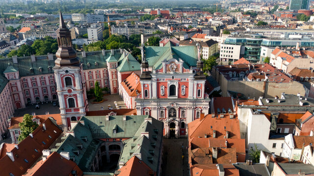 Drone aerial of Poznan Fara Basilica historic church