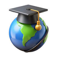 3D Icon of a Graduation Cap on a Glowing Globe, Representing Global Education, Learning, Knowledge Sharing, and International Academic Achievement