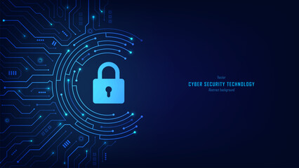 Concept of cybersecurity and data protection. Padlock on a futuristic circuit background. Data privacy and internet security. Modern secure technology innovation background. Vector illustration.