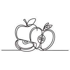 One continuous line Art drawing sliced and whole healthy apples organic for orchard logo. Fresh tropical fruitage concept for fruit garden icon. with white background