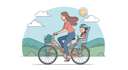 Fototapeta premium Adobe illustrator artwork vector illustration of a happy mother and child enjoying a leisurely bike ride outdoors. The mom cycles with her son securely seated in a child seat, emphasizing family fun 