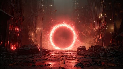 A post-apocalyptic cityscape featuring a glowing red portal amidst ruined buildings and abandoned cars