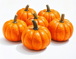 Obraz premium Group of Vibrant Orange Pumpkins on a White Surface in a Bright Studio Setting