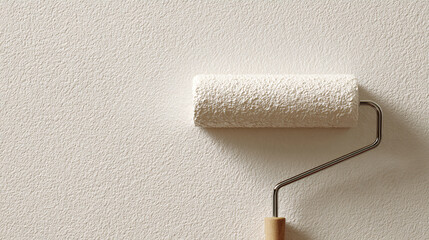Obraz premium Paint roller applying white paint to a textured wall.