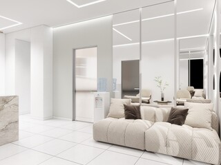 Modern lounge area with soft beige sofa, minimalist chairs, marble counter, and mirrored wall. Bright lighting and clean design create a stylish, welcoming interior