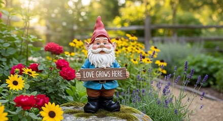 Garden Gnome with Love Grows Here Sign Amidst Colorful Flowers.