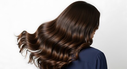 Fototapeta premium Luxurious Wavy Brown Hair on a Woman in a Blue Shirt