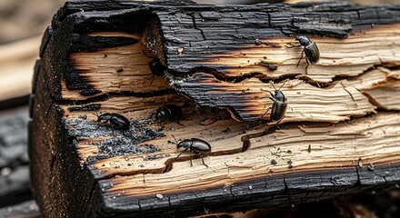 Engraver Bark Beetles Infesting a Charred Wooden Log.