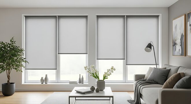Modern Living Room with Gray Roller Shades.