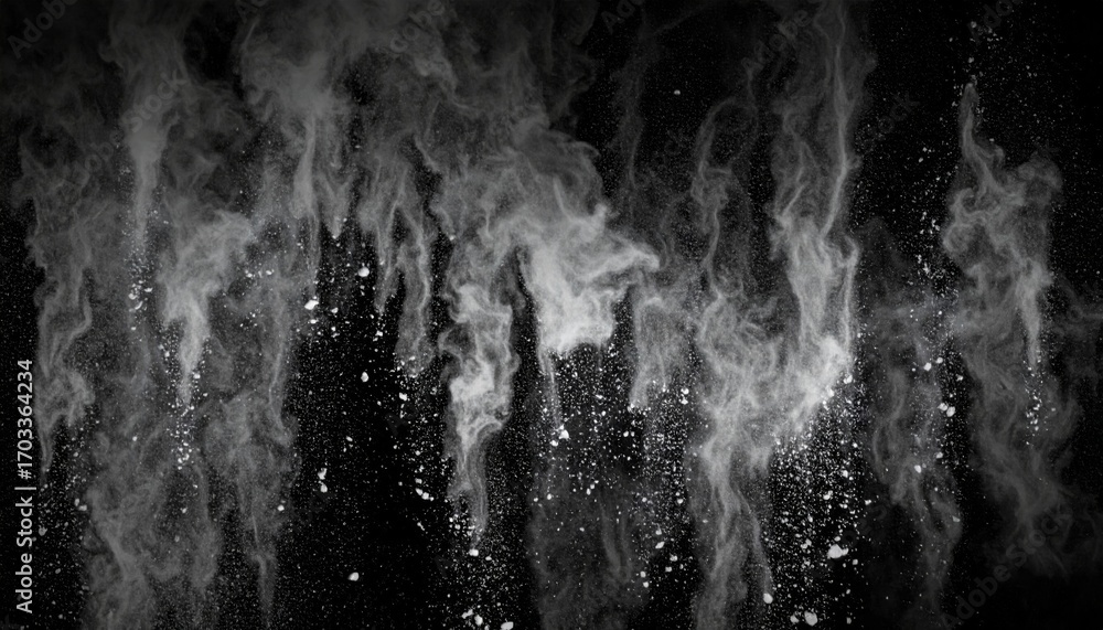 Poster swirling white powder clouds against dark backdrop creating abstract motion and texture effects