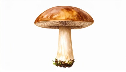 Single Brown Boletus Edulis Mushroom with Textured Stem on White Background