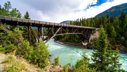 Wooden bridge spanning a rushing river, surrounded by lush green forest