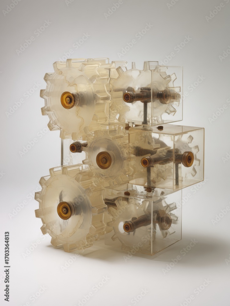 Poster innovative transparent gear mechanism demonstrating engineering principles in a minimalist design