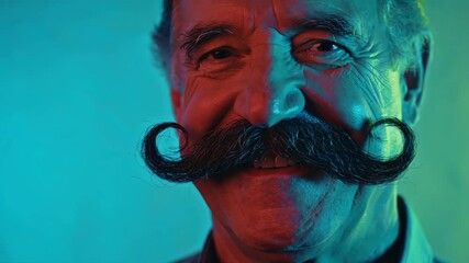 Cheerful senior man with large curled mustache, bright Movember awareness portrait