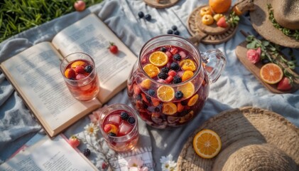 Escena de picnic con sangría, frutas y vasos – Fotografía de estilo de vida veraniego