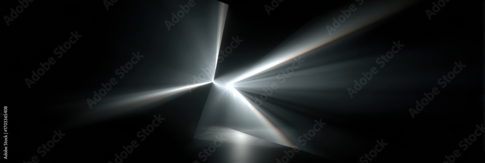 Poster light beams emerging from geometric shapes creating an abstract composition in a dark space during a