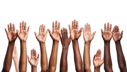Many hands raised in the air, diverse skin tones