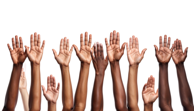 Many hands raised in the air, diverse skin tones - Powered by Adobe