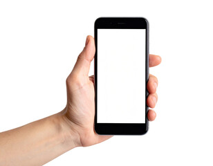 Hand holding a black smartphone with blank screen