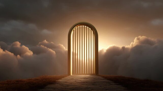 Golden glowing gate stands open stone path above clouds sunset with warm light and mystical sky creating hopeful atmosphere and golden gate with light shining through pathway above clouds evoking