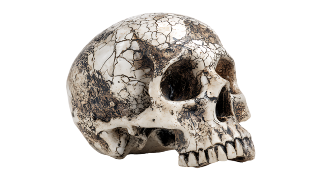 Aged human skull with dark stains isolated on transparent background