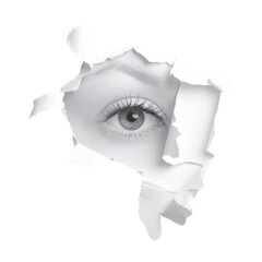 A grayscale eye peeks through a torn paper hole