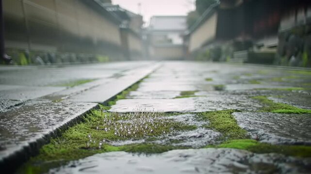 Tranquil low-angle view of a wet stone path with vibrant moss and glistening water droplets after rain