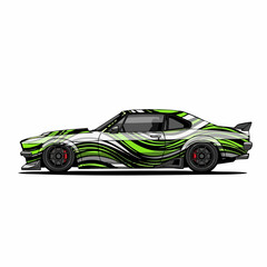 Fototapeta premium Customized sports car with vibrant green and white abstract graphics.
