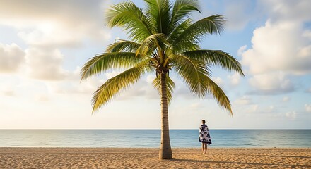 Serene Beach Scene with Palm Tree and Person Overlooking the Ocean