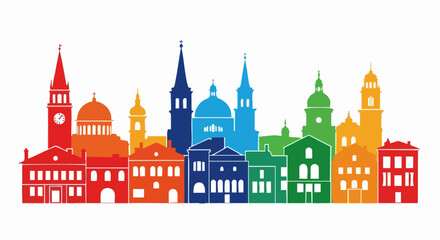 Fototapeta premium Colorful rainbow silhouette of a historic European city skyline illustration.