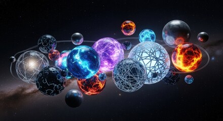 Stunning cosmic spheres floating in a star filled galaxy, perfect for a science fiction book cover design