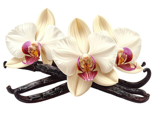 Three pale yellow orchids with dark purple accents, nestled among long, dark brown vanilla beans