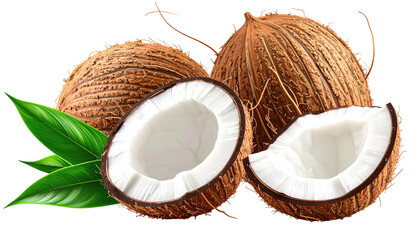 Two coconuts, one whole, one halved,  with bright white flesh,  and green leaves