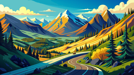 Panoramic view of scenic drive in San Juan Mountains Colorado, lush alpine meadows, deep blue skies, vibrant sunlit forests, crisp mountain air, and winding roads offering unforgettable summer adventu