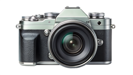 Silver digital camera isolated on transparent background for professional photography