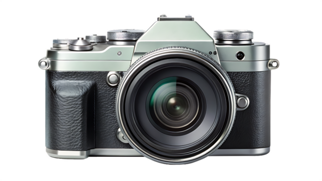 Silver digital camera isolated on transparent background for professional photography