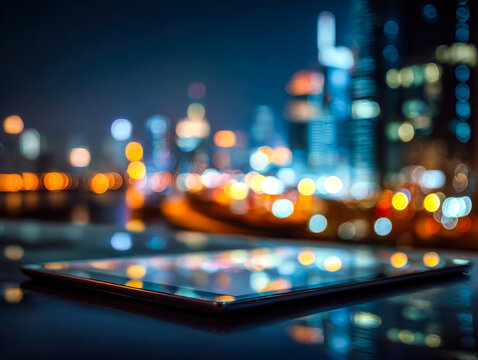 Modern smartphone with city skyline lights in the background at night