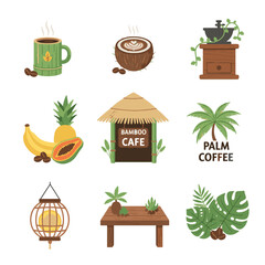 Tropical Bamboo Cafe and Coffee Elements Vector Set