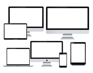 Assorted digital displays, various sizes and types, blank screens