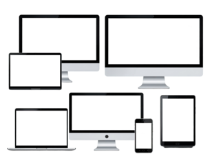 Assorted digital displays, various sizes and types, blank screens
