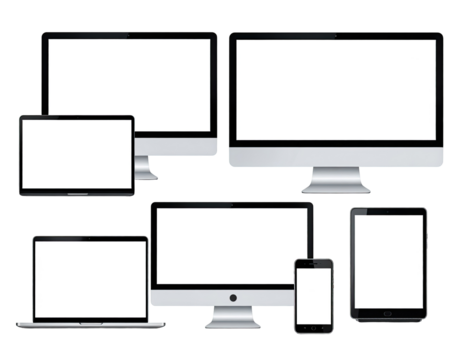 Assorted digital displays, various sizes and types, blank screens