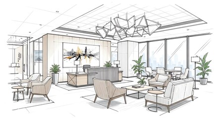 Modern Luxury Office Lobby Interior Design Sketch with Contemporary Furniture and Lighting.