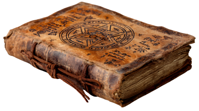 Old leatherbound book with a pentagram symbol and ancient writing isolated on transparent background